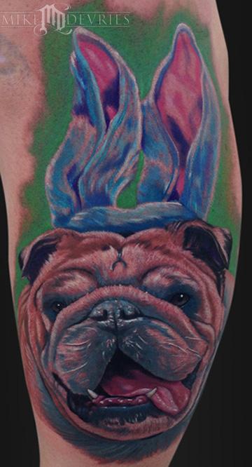 Mike DeVries : Tattoos : Body Part Calf : Bulldog Tattoo
