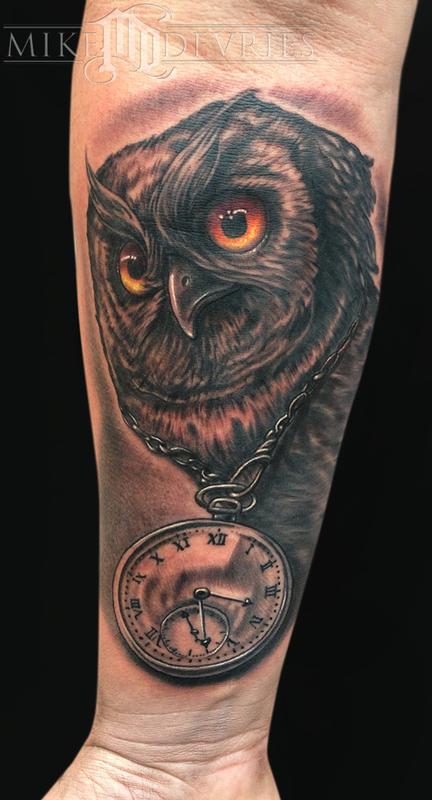 Mike DeVries : Tattoos : Back and Chest : Owl and Clock Tattoo